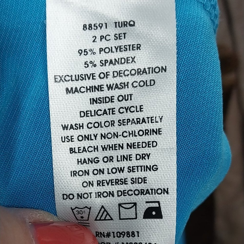 2957 Size Large Sunny Leigh Two Piece Teal Green Embellished Stretch Fabric Set - Picture 12 of 12